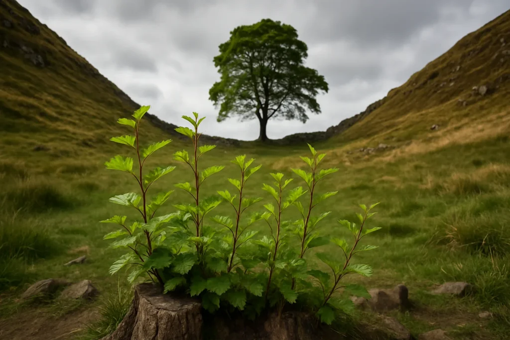 Sycamore Gap, l'albero di Robin Hood rinato dopo l'abbattimento: nuovi germogli alla base